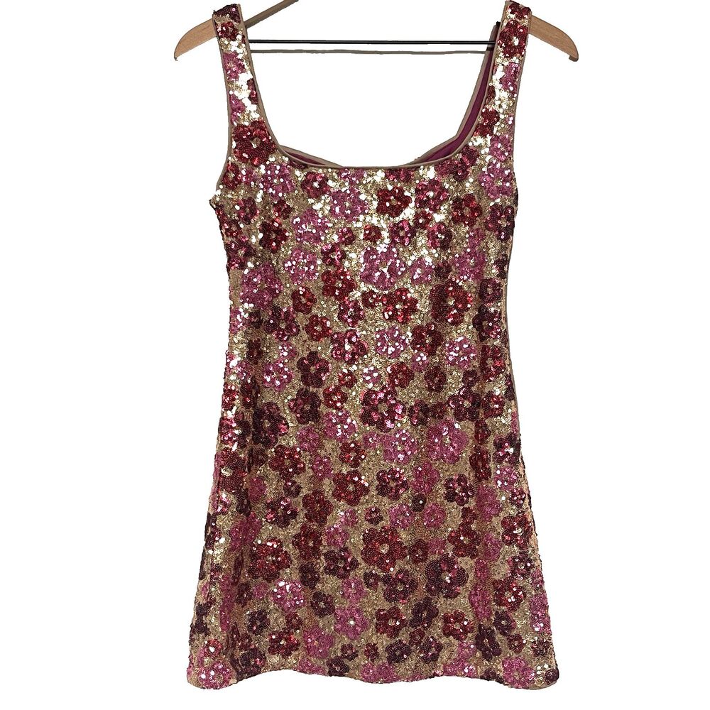 Cider Womens Floral Sequin Scoop Neckline Mini Dress Floral Size S Y2K Party - Picture 6 of 10